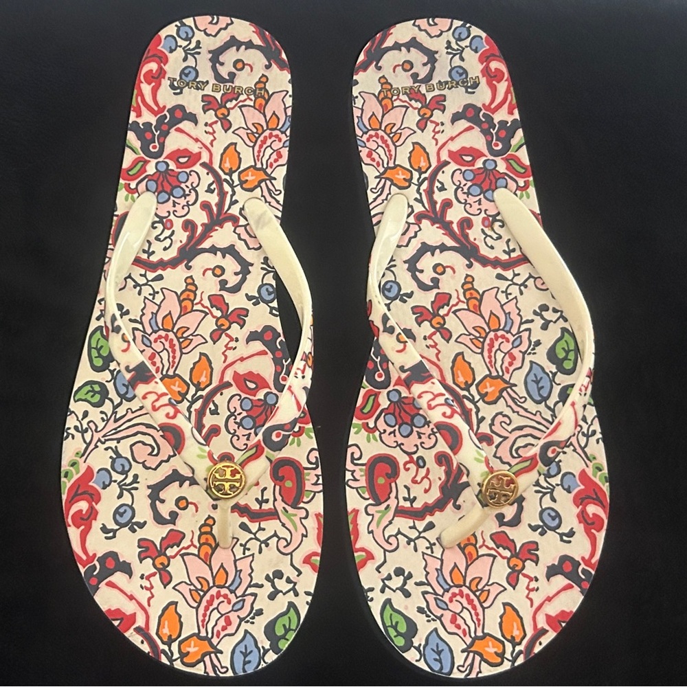 Tory Burch Cream Floral Logo Thong Sandals with Multicolor Print